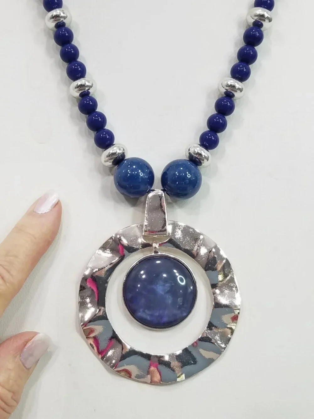 Cobalt Blue Ceramic Bead & Hammered Silver Tone Pendant Necklace & Earring Set